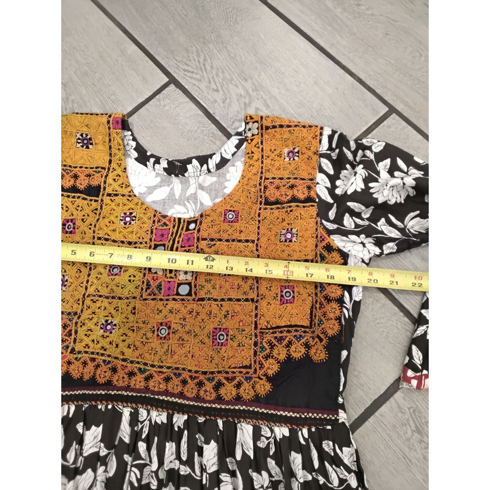 Boho Embroidered‎ Mirror Work Floral Maxi Dress Black White Yellow Long Sleeve - Picture 7 of 8